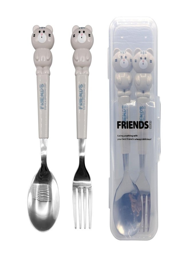 Right Products Friends Cute Animal Utensil Set, Stainless Steel Kids Spoon and Fork with Panda, Frog, Bear Handles, 2-Piece Flatware Set for Children (Standard, Cat) - Image 1