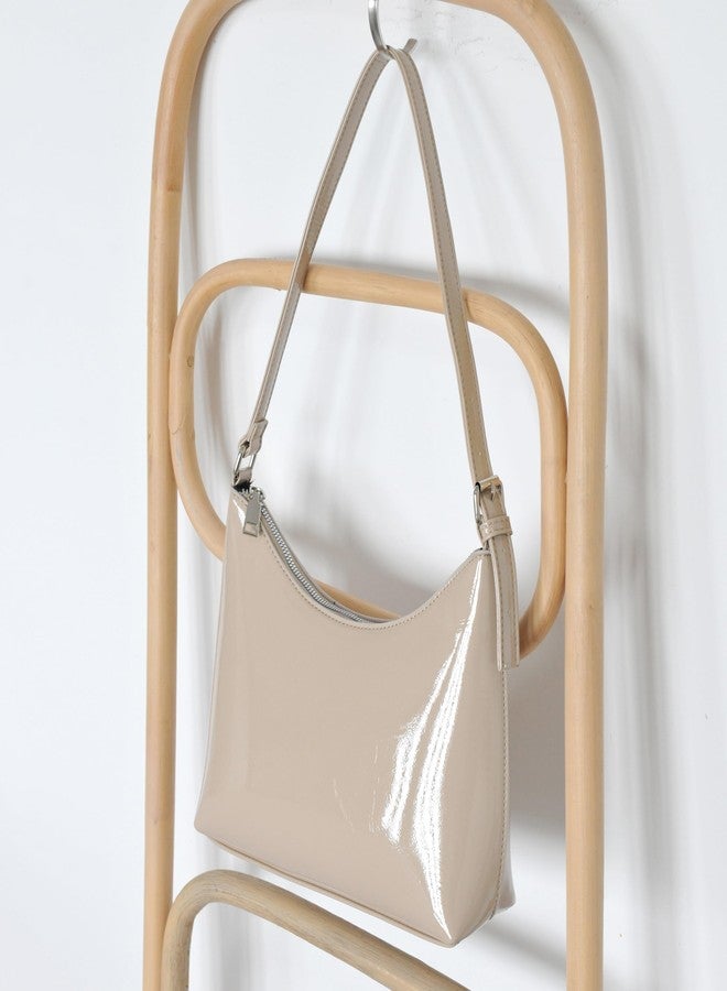 HOXIS Minimalist Faux Patent Leather Shoulder Bag Shiny Women Purse Y2K Style (Nude) - Image 2