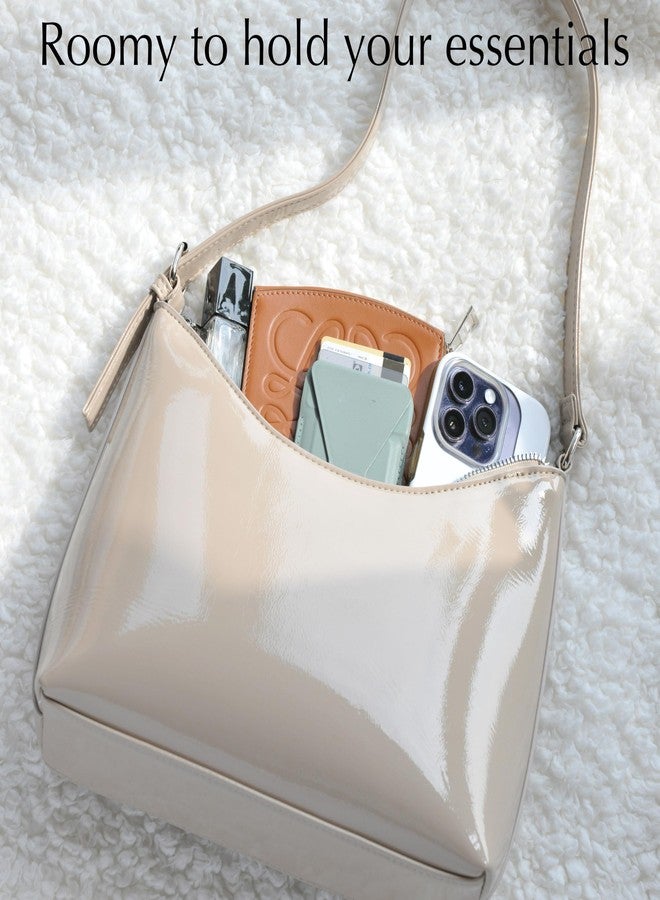 HOXIS Minimalist Faux Patent Leather Shoulder Bag Shiny Women Purse Y2K Style (Nude) - Image 4