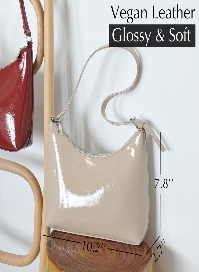 HOXIS Minimalist Faux Patent Leather Shoulder Bag Shiny Women Purse Y2K Style (Nude) - Image 3