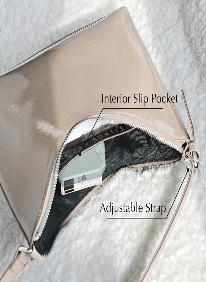 HOXIS Minimalist Faux Patent Leather Shoulder Bag Shiny Women Purse Y2K Style (Nude) - Image 5