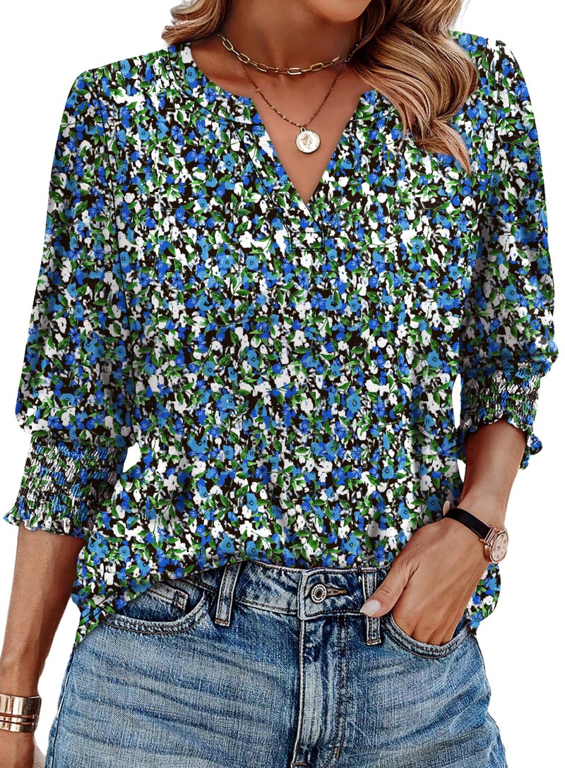 WIHOLL Summer Tops for Women Floral 3/4 Length Sleeve Womens Tops Casual Hawaiian Shirts for Women Plus Size Spring Clothes for Women V Neck Women Beach Fashion Cute - Image 2