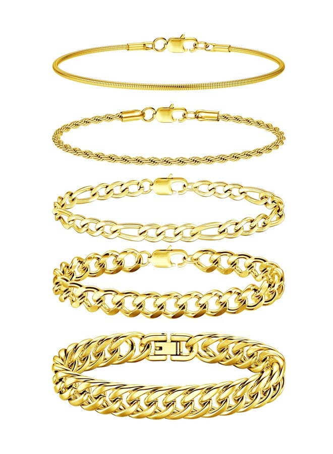 Fansilver 5Pcs Stainless Steel Bracelets for Men Women Gold Cuban Link Rope Figaro Cuban Chain Bracelet Set for Men 7.48 inches - Image 1