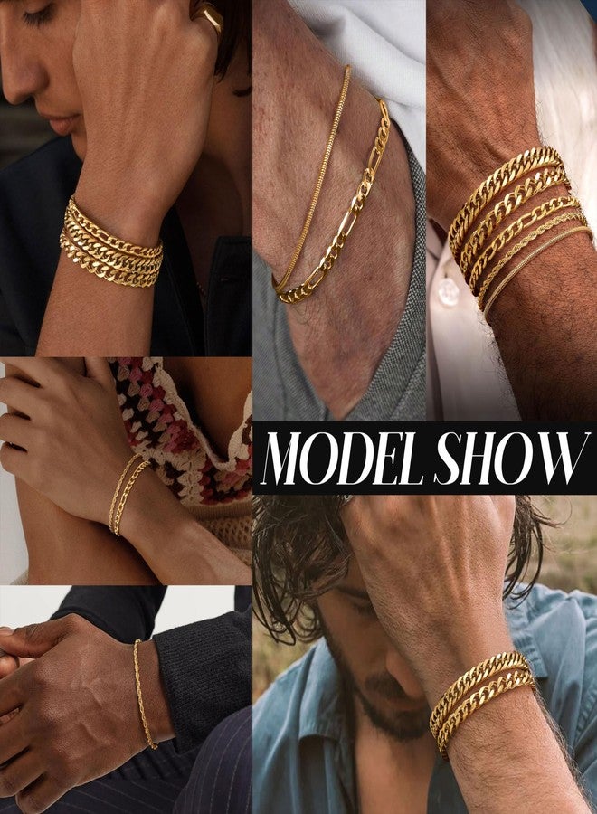 Fansilver 5Pcs Stainless Steel Bracelets for Men Women Gold Cuban Link Rope Figaro Cuban Chain Bracelet Set for Men 7.48 inches - Image 2