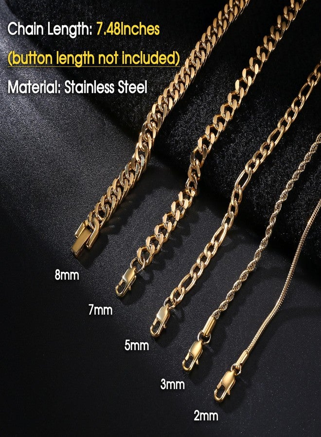 Fansilver 5Pcs Stainless Steel Bracelets for Men Women Gold Cuban Link Rope Figaro Cuban Chain Bracelet Set for Men 7.48 inches - Image 3