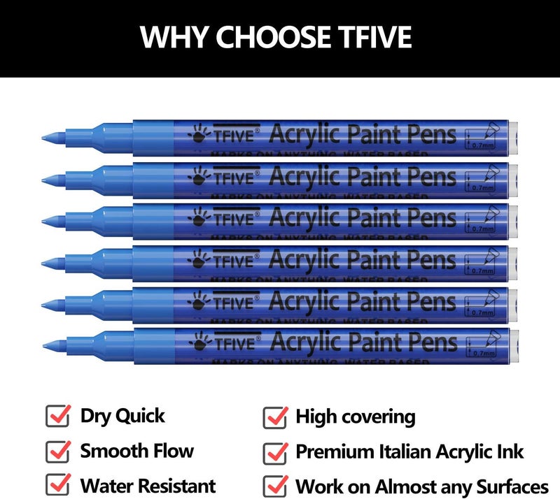 TFIVE Blue Marker Paint Pens - 6 Pack Acrylic Blue Permanent Marker, 0.7mm Extra Fine Tip Paint Pen for Art projects, Drawing, Rock Painting, Stone, Ceramic, Glass, Wood, Plastic, Metal, Canvas DIY Crafts - Image 2