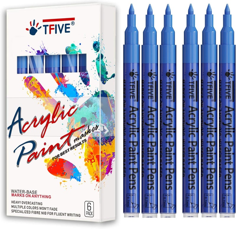 TFIVE Blue Marker Paint Pens - 6 Pack Acrylic Blue Permanent Marker, 0.7mm Extra Fine Tip Paint Pen for Art projects, Drawing, Rock Painting, Stone, Ceramic, Glass, Wood, Plastic, Metal, Canvas DIY Crafts - Image 1