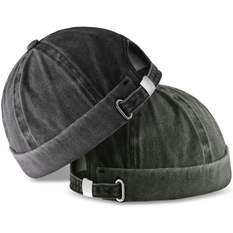 SATINIOR 2 Pieces Brimless Hats for Men Adjustable Docker Casual No Brim Hat Visor-Less Flip Sailor Skullcap(Black, Army Green) - Image 1