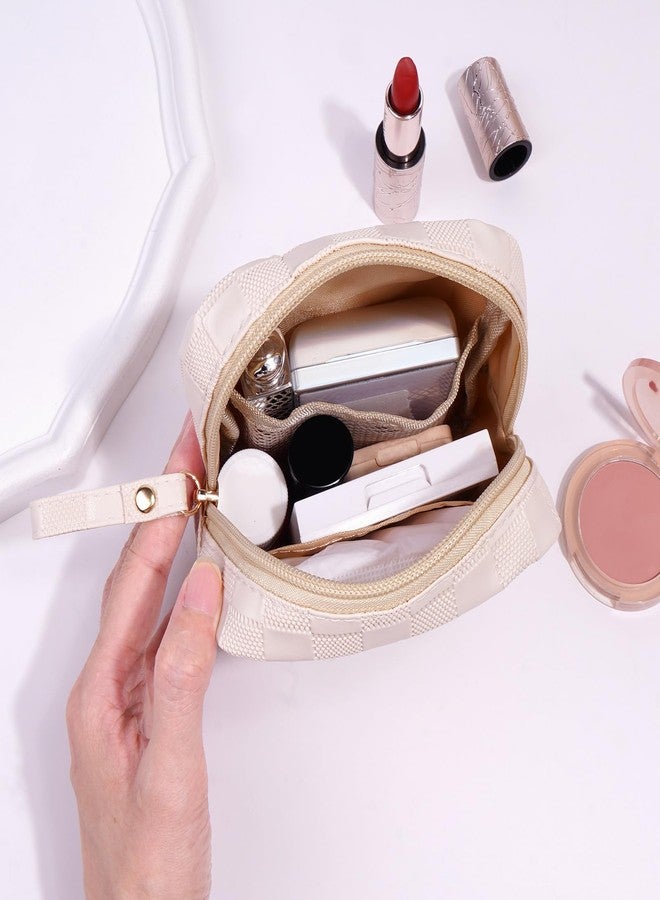 MAGEFY Small Makeup Bag for Purse, Checkered Makeup Bag Small Pouches for purse Leather Mini Make Up Bag Cute Cosmetic Bag for Women with Slip-in Pockets.Beige - Image 3