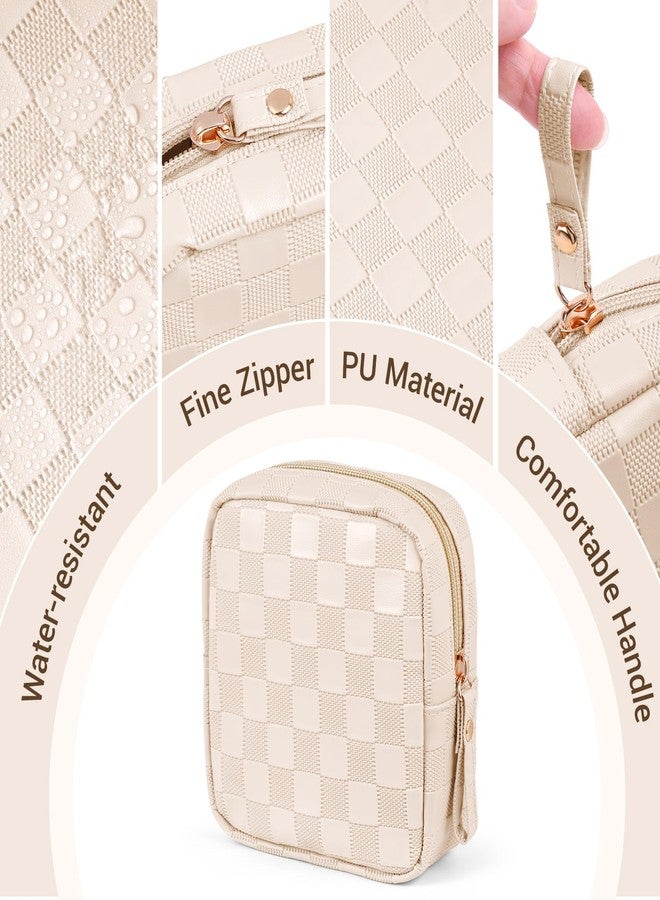 MAGEFY Small Makeup Bag for Purse, Checkered Makeup Bag Small Pouches for purse Leather Mini Make Up Bag Cute Cosmetic Bag for Women with Slip-in Pockets.Beige - Image 5