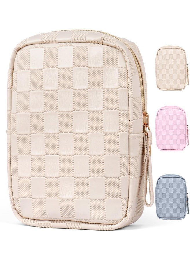 MAGEFY Small Makeup Bag for Purse, Checkered Makeup Bag Small Pouches for purse Leather Mini Make Up Bag Cute Cosmetic Bag for Women with Slip-in Pockets.Beige - Image 1