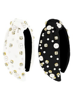 Wecoe Wecoe 2 Pack Black White Knotted Headbands Rhinestone Pearl Headband For Women Girls Wide Headbands Non Slip Fashion Cloth Sparkly Diamond Beaded Headbands Hair Accessories For Women Girls Gifts  - Image 1