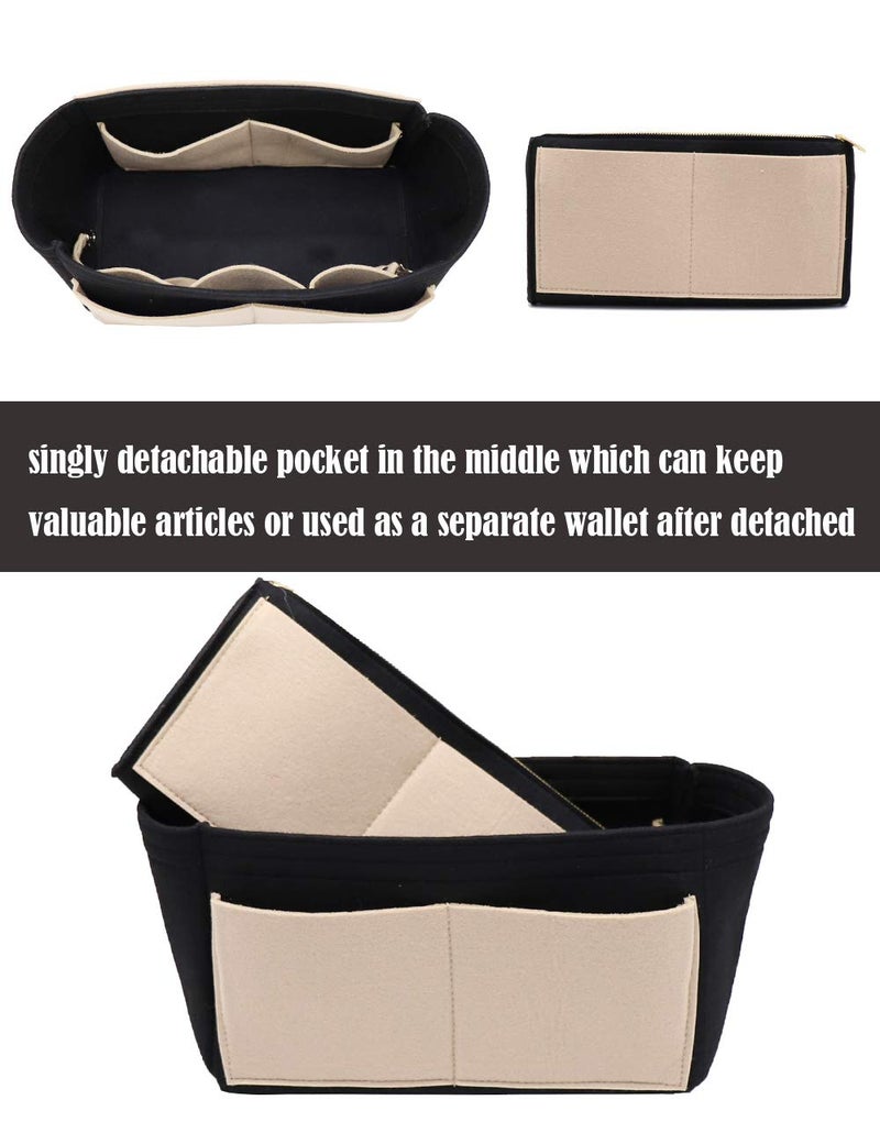 Lexsion Felt Purse Bag Organizer Insert With Zipper Bag Tote Shaper Fit Speedy Neverful Pm Mm 8021 Black-Beige L - Image 2