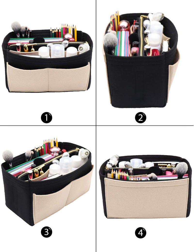Lexsion Felt Purse Bag Organizer Insert With Zipper Bag Tote Shaper Fit Speedy Neverful Pm Mm 8021 Black-Beige L - Image 4