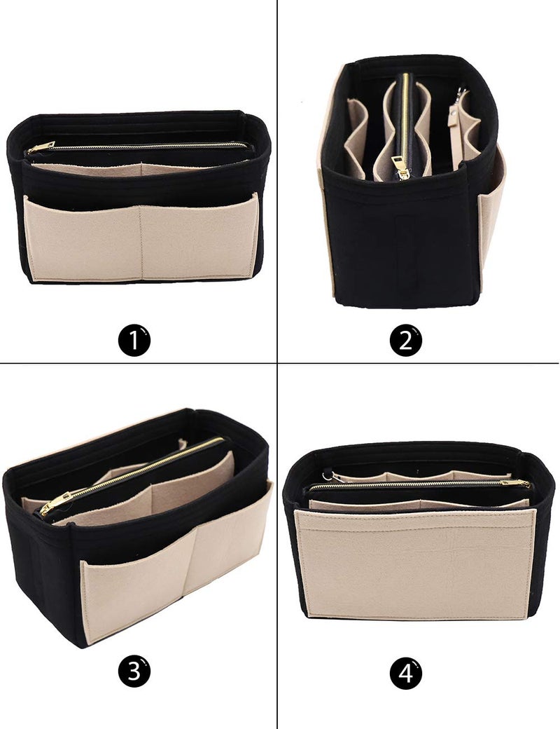 Lexsion Felt Purse Bag Organizer Insert With Zipper Bag Tote Shaper Fit Speedy Neverful Pm Mm 8021 Black-Beige L - Image 3