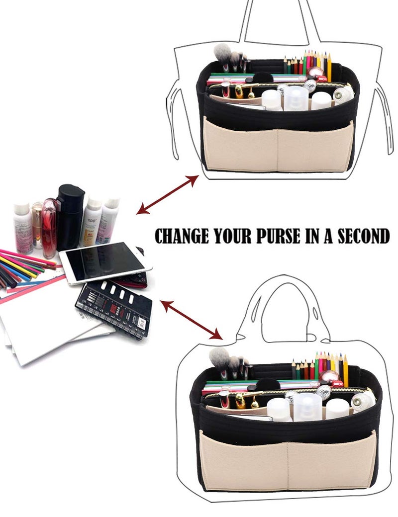 Lexsion Felt Purse Bag Organizer Insert With Zipper Bag Tote Shaper Fit Speedy Neverful Pm Mm 8021 Black-Beige L - Image 5