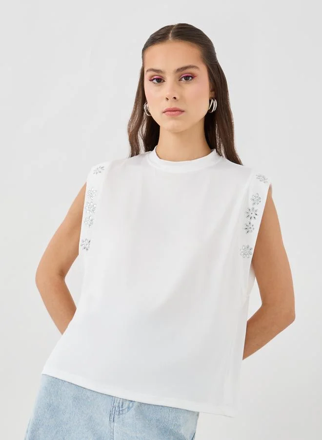تايك تو Take Two Embellished Crew Neck Sleeveless Top