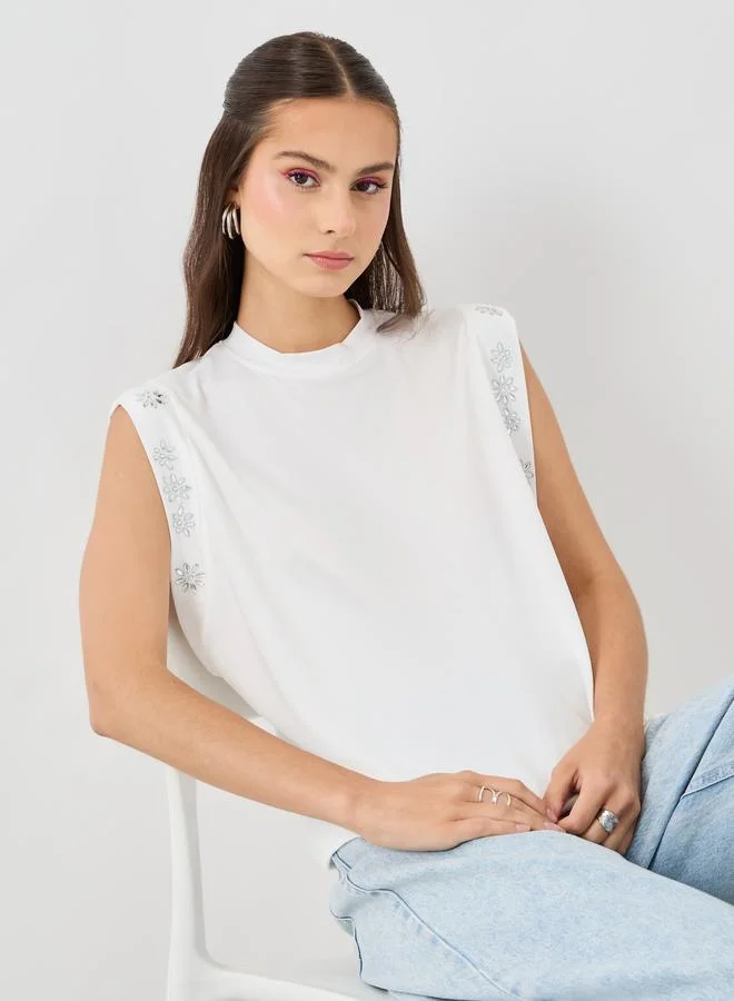 تايك تو Take Two Embellished Crew Neck Sleeveless Top