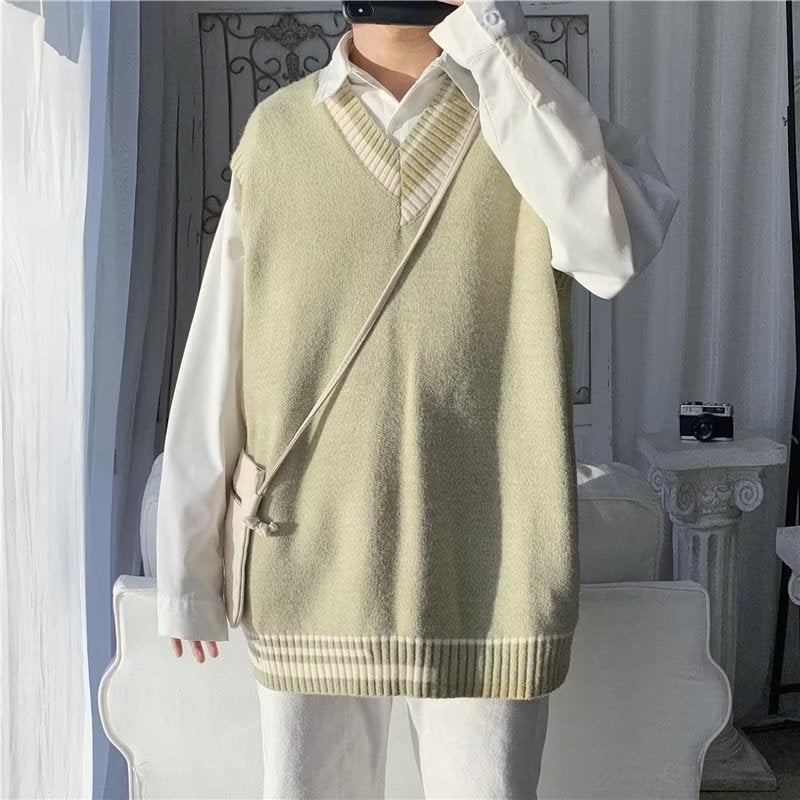 Knit V-Neck Sleeveless Vest Mens Fall 2024 Sweater Waistcoat Green  - Image 1