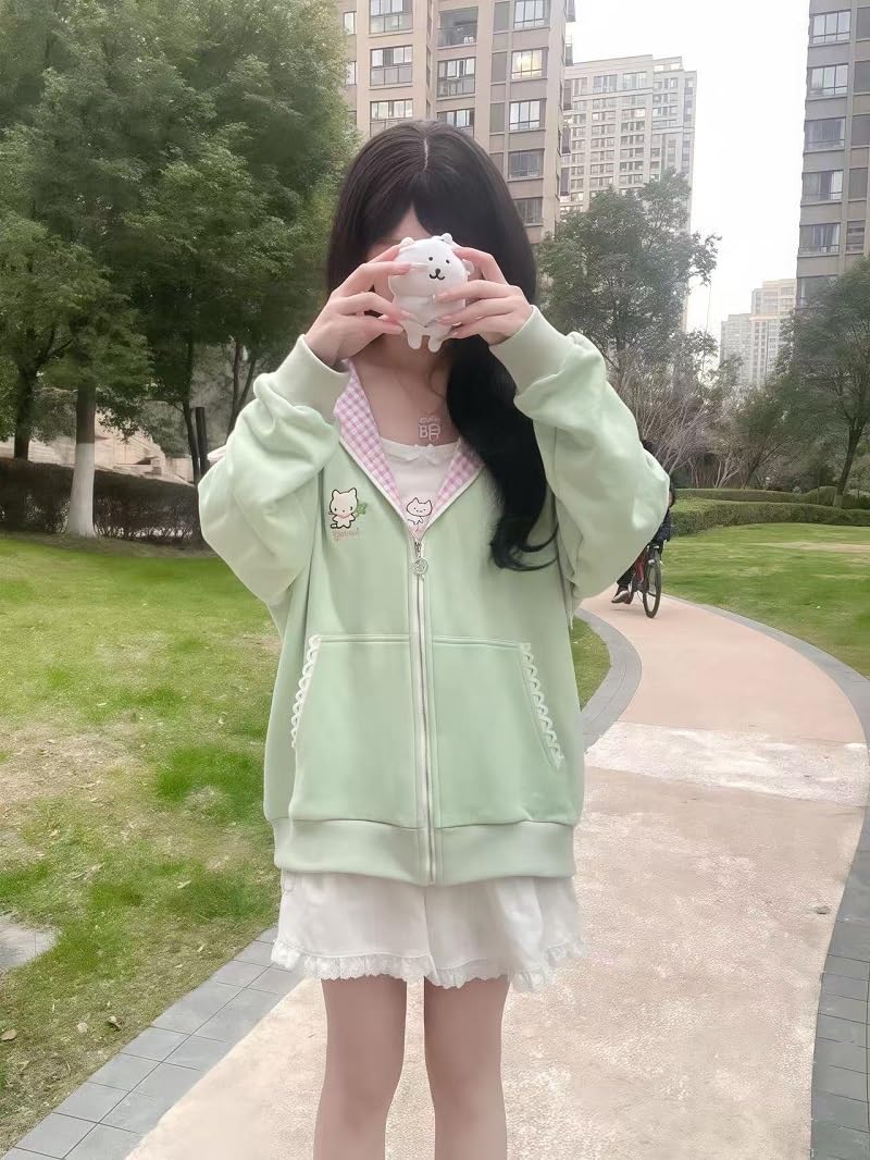 Dynict Womens Y2K Zip Up Cute Graphic Hoodies Cat Ears Casual Cartoon Harajuku Kawaii Clothes Oversize Streetwear Jacket (US, Alpha, Small, Regular, Regular, Green) - Image 2