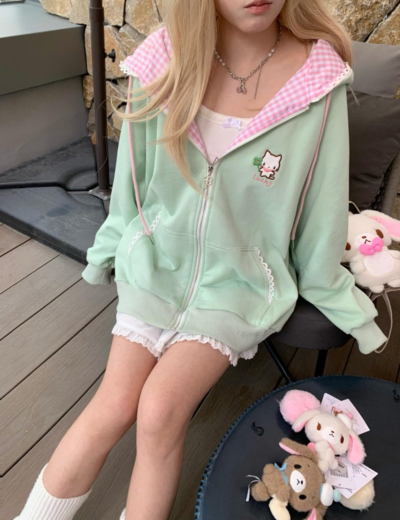 Dynict Womens Y2K Zip Up Cute Graphic Hoodies Cat Ears Casual Cartoon Harajuku Kawaii Clothes Oversize Streetwear Jacket (US, Alpha, Small, Regular, Regular, Green) - Image 3