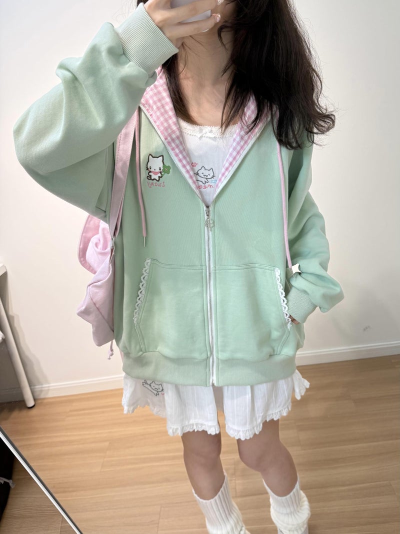 Dynict Womens Y2K Zip Up Cute Graphic Hoodies Cat Ears Casual Cartoon Harajuku Kawaii Clothes Oversize Streetwear Jacket (US, Alpha, Small, Regular, Regular, Green) - Image 5