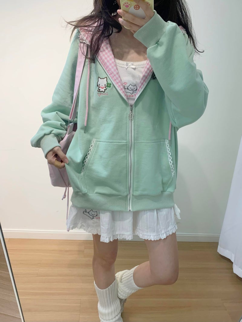Dynict Womens Y2K Zip Up Cute Graphic Hoodies Cat Ears Casual Cartoon Harajuku Kawaii Clothes Oversize Streetwear Jacket (US, Alpha, Small, Regular, Regular, Green) - Image 4