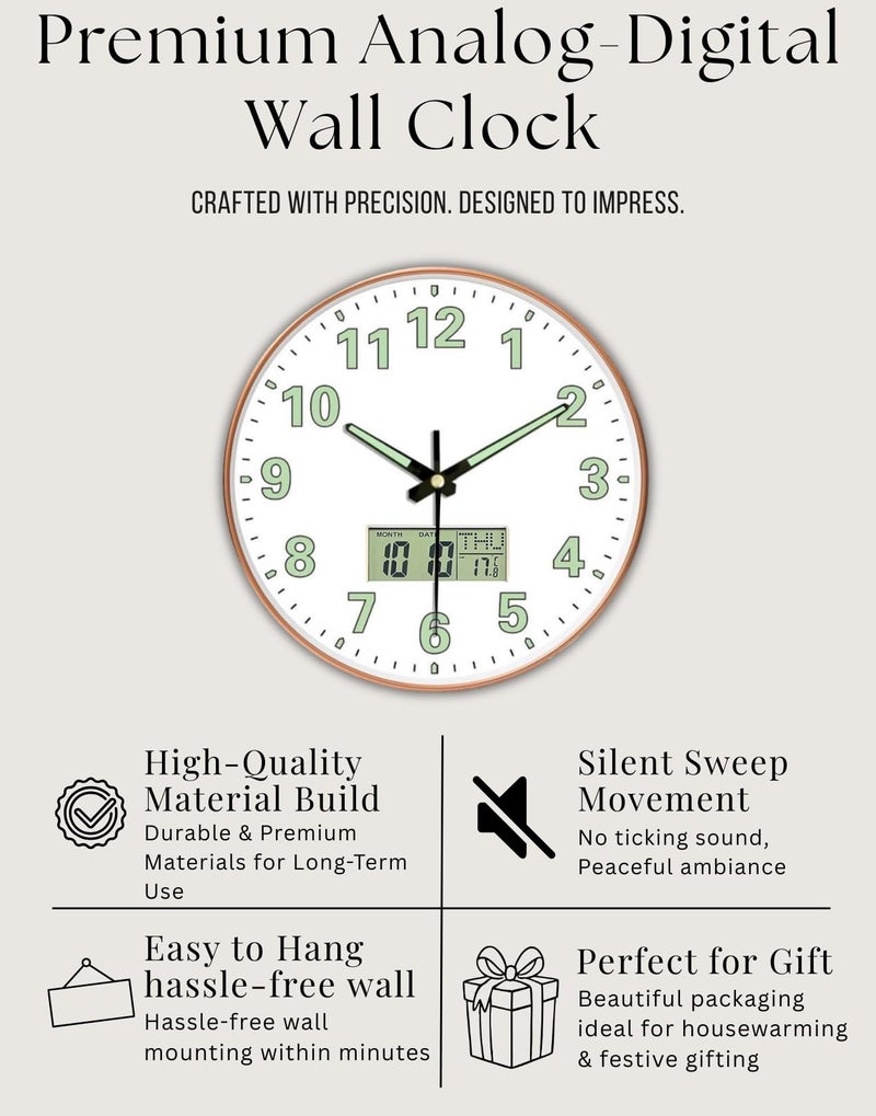 WHISKET - 12 Inch | Luxury Designer Radium Wall Clock with Night Glow Numbers – Silent Analog Clock with Elegant Floral Design for Living Room, Bedroom & Office Decor. (Radium White Digital) - Image 5