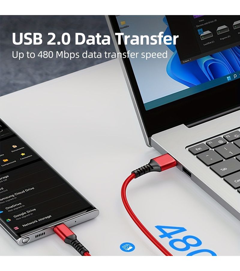 كابل USB-C أحمر بطول 33 سم، مضفر من النايلون، لشحن أجهزة سامسونج جالاكسي والأجهزة من نوع Type-C - Image 1