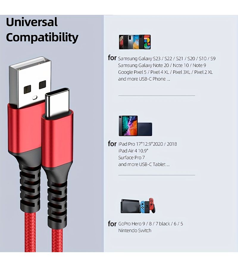 كابل USB-C أحمر بطول 33 سم، مضفر من النايلون، لشحن أجهزة سامسونج جالاكسي والأجهزة من نوع Type-C - Image 5