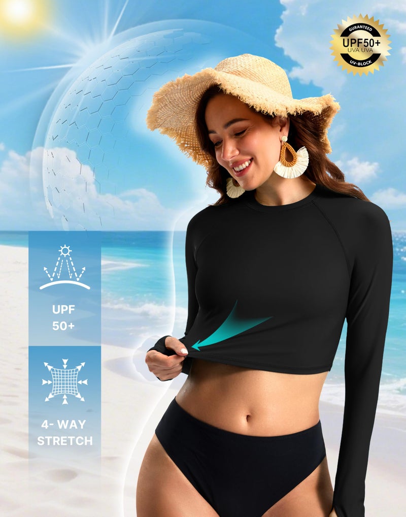 Soothfeel Rash Guard for Women Long Sleeve Crop UPF 50+ Sun Protection Swim Shirts Quick Dry Bathing Suits Swimsuit Tops Only Black M - Image 4