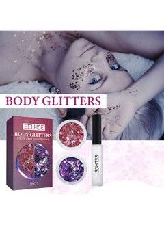 EELHOE Holographic Chunky Glitter Cosmetic Body Hair Face Eye Nail for Festival Carnival Concert Party Beauty Rave Accessories Different Sizes&Shapes 2 Pots + Quick Dry Primer Glue Gel  - Image 1