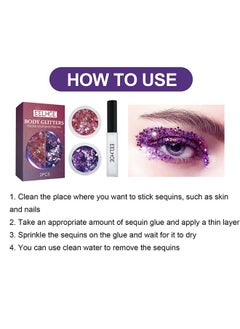 EELHOE Holographic Chunky Glitter Cosmetic Body Hair Face Eye Nail for Festival Carnival Concert Party Beauty Rave Accessories Different Sizes&Shapes 2 Pots + Quick Dry Primer Glue Gel  - Image 2