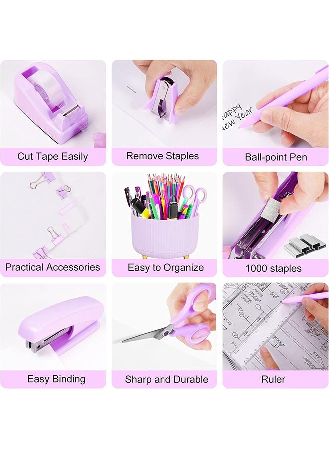Arabest Stationery Set,Desk Organizers and Accessories 10Pcs Set with 360-Degree Rotating Pen Holder, Tape Dispenser, Stapler, Staple Remover, 1000 Staples, Tape, Clips Set, Ruler, Scissor, Pen (Purple)  - Image 2