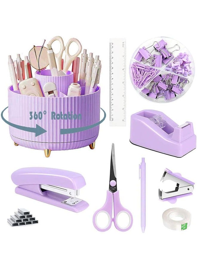 Arabest Stationery Set,Desk Organizers and Accessories 10Pcs Set with 360-Degree Rotating Pen Holder, Tape Dispenser, Stapler, Staple Remover, 1000 Staples, Tape, Clips Set, Ruler, Scissor, Pen (Purple)  - Image 1