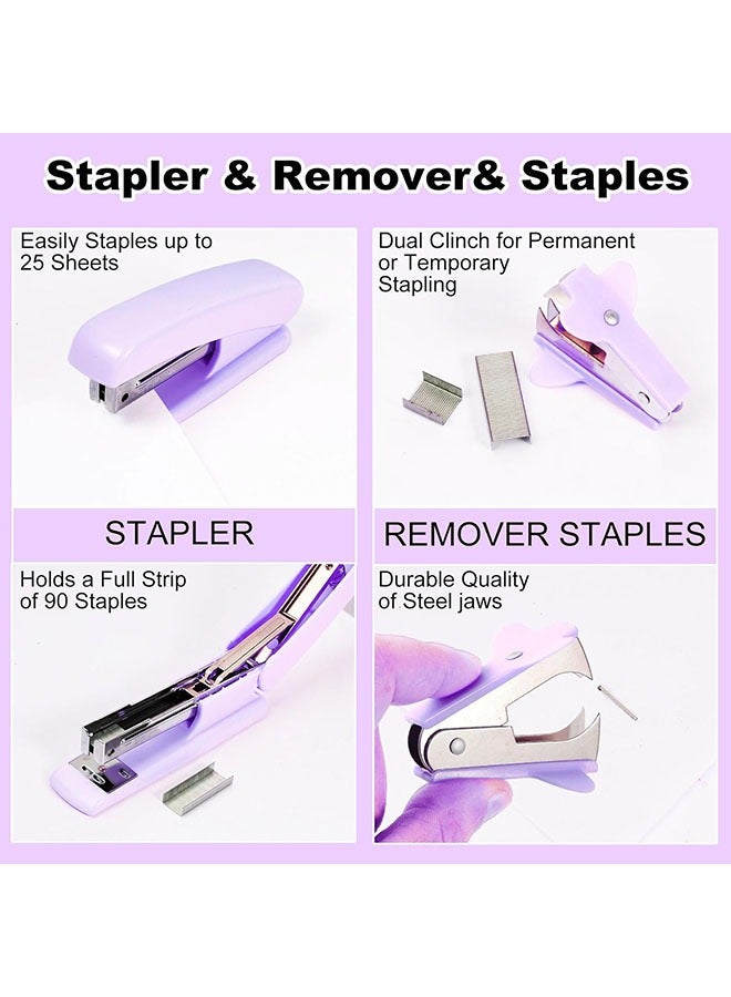Arabest Stationery Set,Desk Organizers and Accessories 10Pcs Set with 360-Degree Rotating Pen Holder, Tape Dispenser, Stapler, Staple Remover, 1000 Staples, Tape, Clips Set, Ruler, Scissor, Pen (Purple)  - Image 5