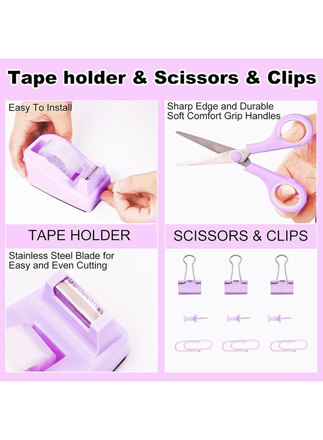 Arabest Stationery Set,Desk Organizers and Accessories 10Pcs Set with 360-Degree Rotating Pen Holder, Tape Dispenser, Stapler, Staple Remover, 1000 Staples, Tape, Clips Set, Ruler, Scissor, Pen (Purple)  - Image 4