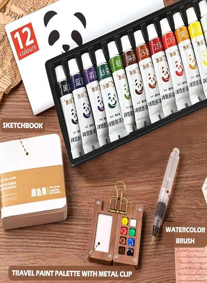 Tusmad Pocket Watercolor Paint Set – 12 Colors (5ML Tubes), Mini 8-Grid Wooden Paint Palette, Brush Pen & Drawing Book – Portable Travel Art Kit for Sketching & Painting - Image 5