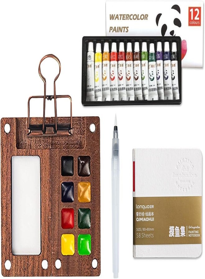 Tusmad Pocket Watercolor Paint Set – 12 Colors (5ML Tubes), Mini 8-Grid Wooden Paint Palette, Brush Pen & Drawing Book – Portable Travel Art Kit for Sketching & Painting - Image 1