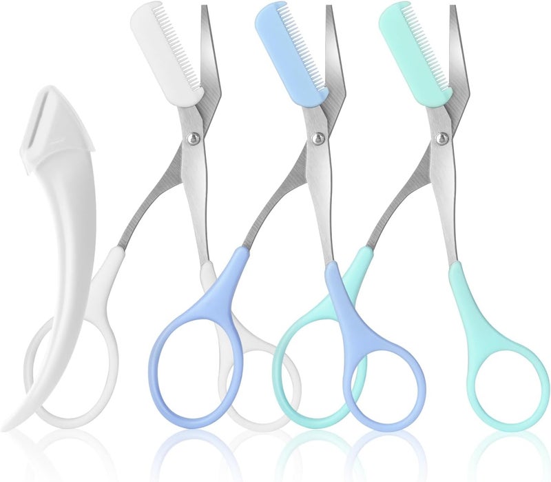 3pcs-Eyebrow Scissors with Eyebrow Razor,Professional Eyebrow Trimmer Scissors with Comb,Non Slip Finger Grips Eyebrow Trimmer, Hair Removal Beauty Accessories for Men Women (Green,Blue,white)