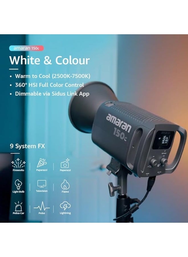 Aputure Amaran 150c (RGB, 2500K-7500K) Full-Colour Point-Source LED, Built-in Umbrella Holder, Bowens Mount & 9 Effects, with Silent Cooling System & Sidus Link App Control - Image 3
