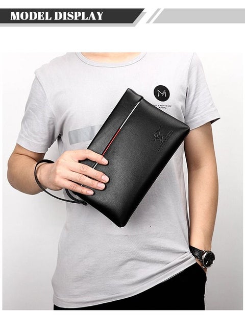 Mens Super Slim Anti Theft Clutch Bag PU Textured Soft Leather Minimalist Large Wallet with Wristband Zipper Checkbook Card Case Business Gift for Men Black