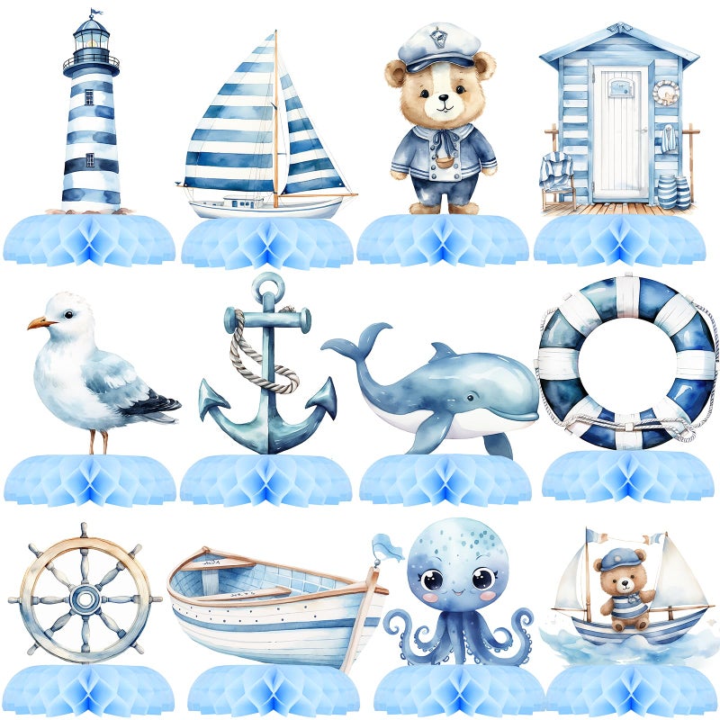 Celee Nautical Baby Shower Table Centerpieces â€“ 12PCS Ocean Sailor Boy Decorations for Blue Baby Shower or First Birthday, Whale Boat Lighthouse Nautical Party Decor - Image 1