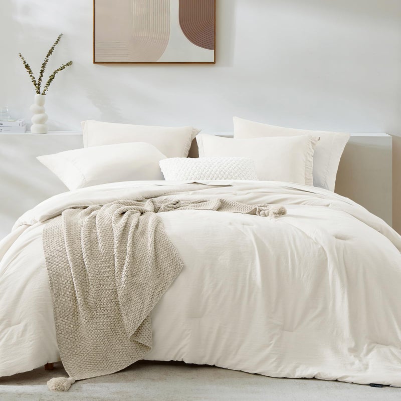 WRENSONGE Queen Comforter Set - 7 Pieces White Soft Bed in a Bag Queen with Fitted Sheet, Flat Sheet, 2 Pillow Shams, and 2 Pillowcases- Warm Bedding Sets for All Season - Image 1