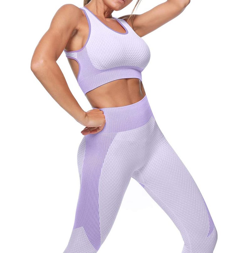 Veriliss Women's 3pcs Seamless Outfits Workout Sets,Gym Clothes Yoga Sportswear Leggings and Stretch Sports Bra Gym jumpsuits Clothes Set(Purple,S) - Image 3