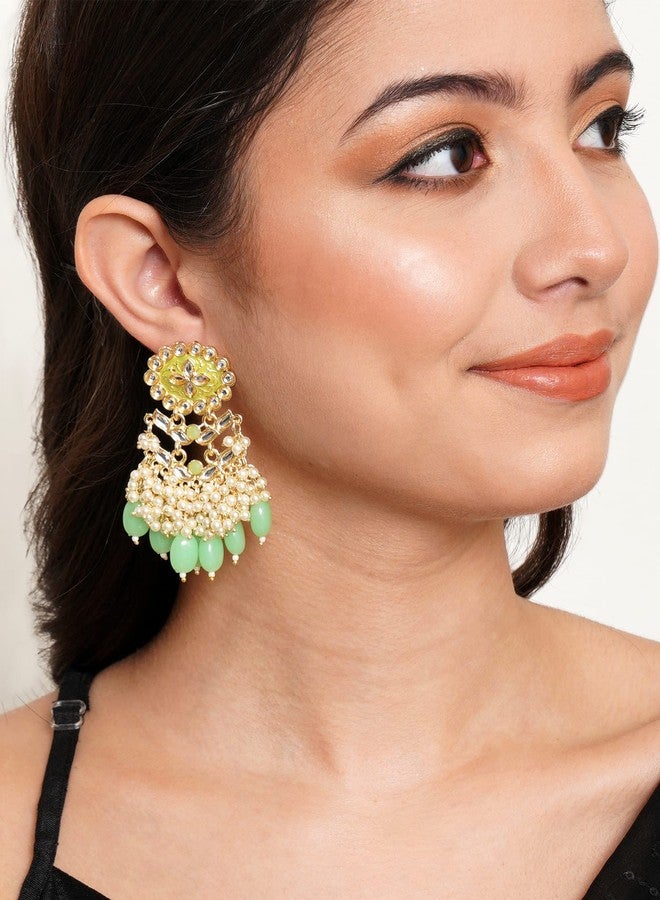 Karatcart Gold Plated Kundan Studded Light Green Meena and Tumble Dangler Earrings for Women - Image 3