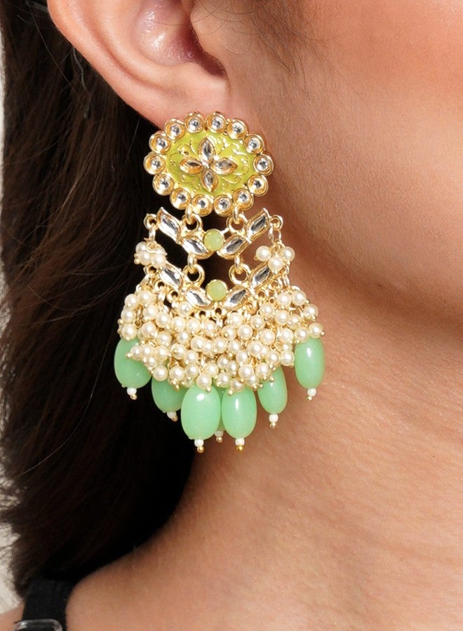 Karatcart Gold Plated Kundan Studded Light Green Meena and Tumble Dangler Earrings for Women - Image 2