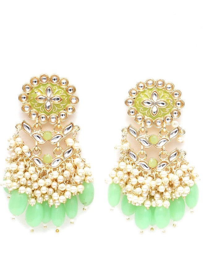 Karatcart Gold Plated Kundan Studded Light Green Meena and Tumble Dangler Earrings for Women - Image 1