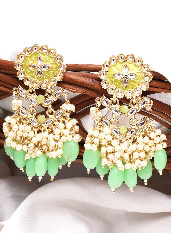 Karatcart Gold Plated Kundan Studded Light Green Meena and Tumble Dangler Earrings for Women - Image 4