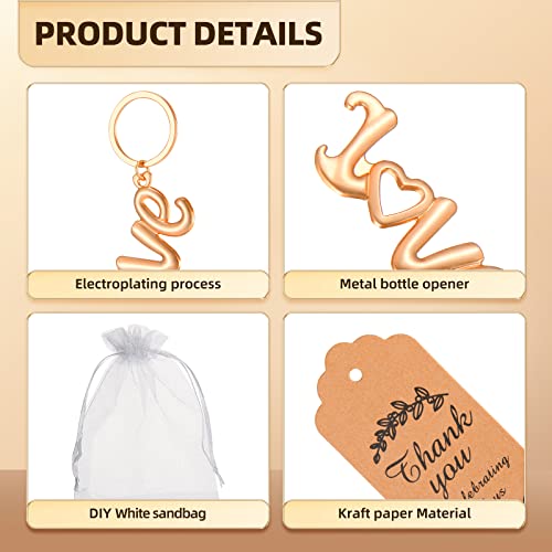 Winocbxt 50Pieces Love Bottle Openers with Keychain/Keyrings and Thank You Tags Great Gifts for Wedding or Bridal Shower Favors, Souvenirs to Guests (Gold) - Image 2